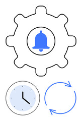 Gear with blue bell, clock indicating time tracking, circular arrows for automation. Ideal for productivity, reminders, task scheduling, workflow, notifications synchronization efficiency. Flat