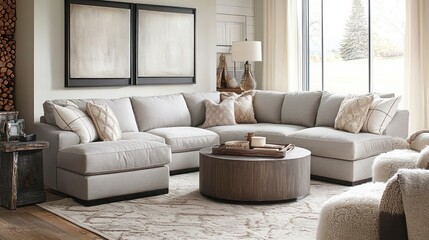 A spacious living room featuring a large sectional sofa, a round coffee table, and a patterned rug