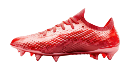 Red soccer shoe with transparent background representing sporting goods and athletics