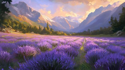 Serene Lavender Field in Mountain Landscape