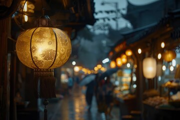 Lantern illuminating a rainy market street, showcasing vendors and customers under umbrellas at dusk