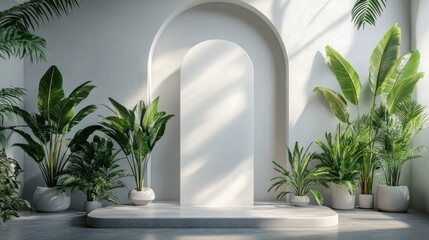 Minimalist interior setting features plants surrounding a central archway