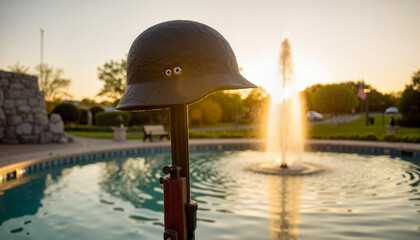Soldier's helmet on rifle by park fountain at sunset, Memorial tribute