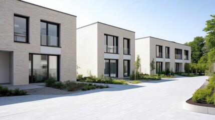 Modern townhouses in a quiet residential area.  Neatly arranged, light-colored homes with minimalist design, featuring large windows, and a paved pathway