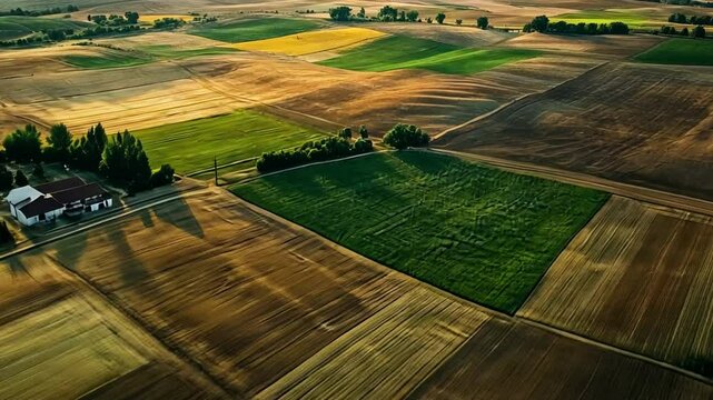 Aerial Fields: An expansive aerial view of vibrant patchwork fields, showcasing the beauty of agriculture and rural landscapes with diverse crops.