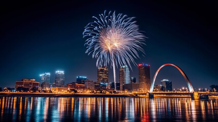 Fototapeta premium Fireworks over the river, a night view of downtown skyline, with a steel arch bridge in the background, dazzling and colorful fireworks illuminating the city lights and buildings.