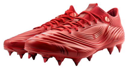 Red soccer cleats with metal studs isolated on transparent background