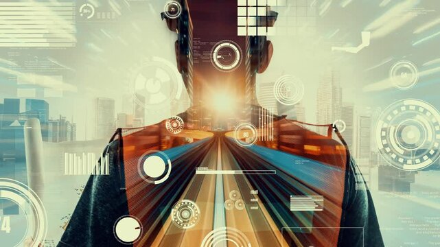 Future building construction and inventive engineering project concept with HUD hologram graphic design. Building engineer, architect people or construction worker works with modern civil technology.