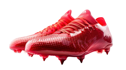 Pair of red soccer shoes with studs on transparent background
