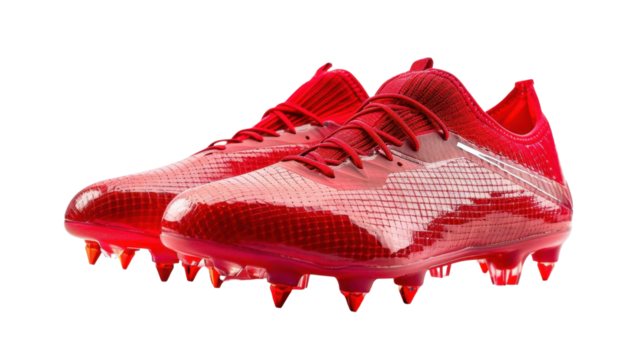 Pair of red soccer cleats isolated on transparent background