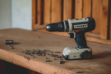 Cordless power drill on a wooden workbench with scattered screws, symbolizing DIY projects, construction, and home improvement