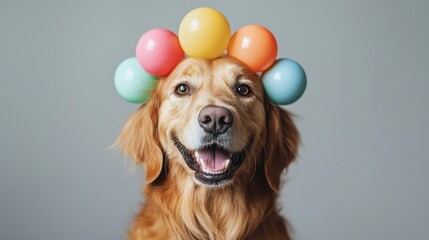 Golden retriever smiling in studio with colorful balloon crown