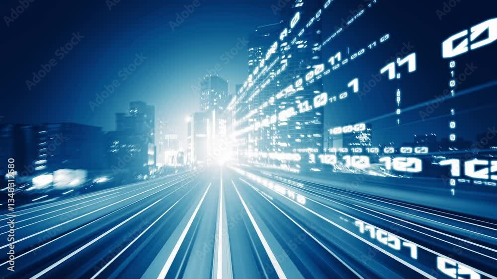 Poster digital data flow on road in concept of cyber global communication and coding with graphic creating 