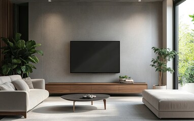 Modern living room interior with a sofa and TV, white-colored furniture, and a wooden wall panel. Minimalist home design of a modern apartment or hotel in beige tones. 3D rendering illustration. 