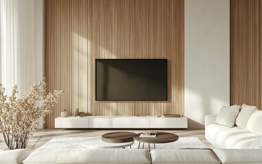 Modern living room interior with a sofa and TV, white-colored furniture, and a wooden wall panel. Minimalist home design of a modern apartment or hotel in beige tones. 3D rendering illustration. 