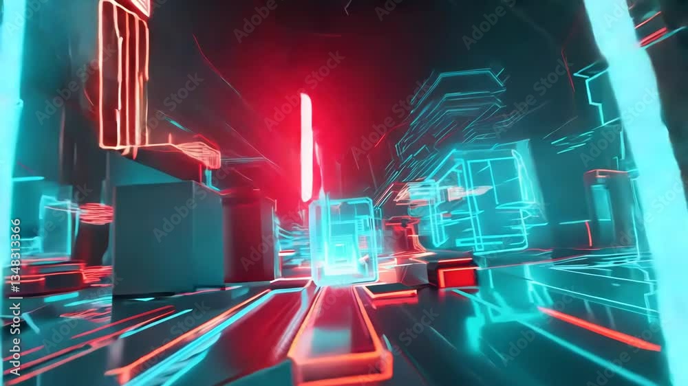 Poster Computer technology abstraction with connected hardware or data servers in neon lights of wires