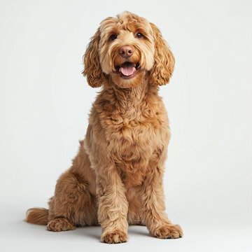 A stock photo features a golden doodle dog sitting up with a happy, open-mouthed expression. Its fluffy, light-brown fur is the focus of the composition