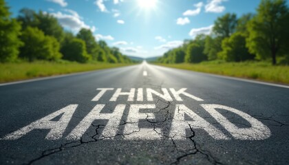 Endless asphalt road with text THINK AHEAD painted on surface, symbolizing strategic planning and future goals. Rich landscape, concept of direction, motivation, journey, travel, progress.