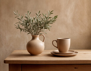 Fototapeta premium Sage green ceramic vase and a small eucalyptus branch with soft shadows against a warm toned wall on a wooden table, minimal still life as product background, copy space, selected focus