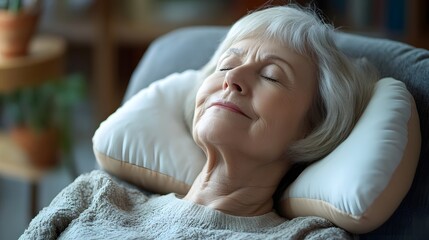 Elderly woman resting on a specialized neck support pillow for pain relief and relaxation.