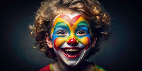 Minimalist Child Clown Portrait, Dark Background, Colorful Face Paint, Happy Kid, Bright Smile, Studio Photography