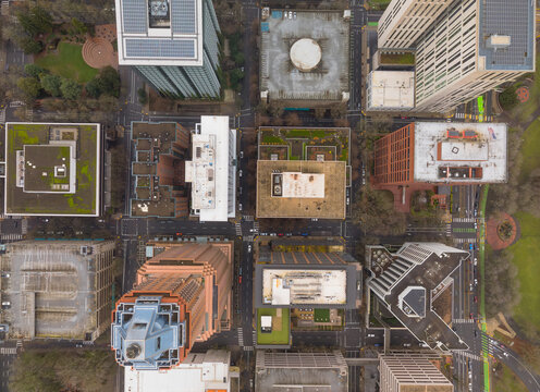 A cityscape with tall buildings and a green park