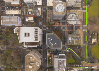 A city view with a green line on the right side