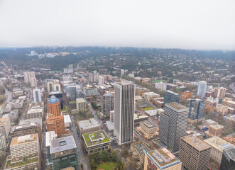 A city view from above with a cloudy sky