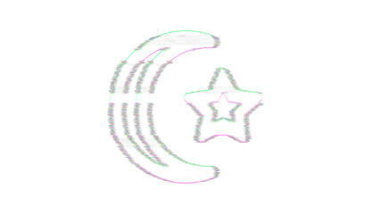 Icon star and crescent is distorted. Glitch. Noise, chromatic aberration, geometric distortion