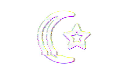 Icon star and crescent is distorted. Glitch. Noise, chromatic aberration, geometric distortion