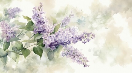 A watercolor painting of a lilac branch with delicate purple flowers and green leaves, set against a soft, blurred background