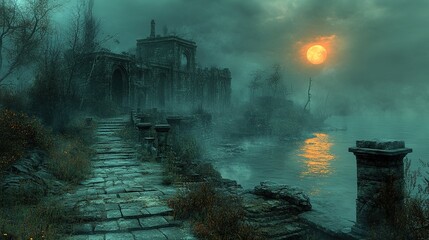 Fototapeta premium Eerie ruins by a misty lake reflect the glowing sun in the dark atmosphere