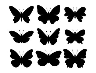 Butterflies silhouettes set. Vector illustration. Black colored insects of different shapes with various wings. Butterfly isolated top view elements