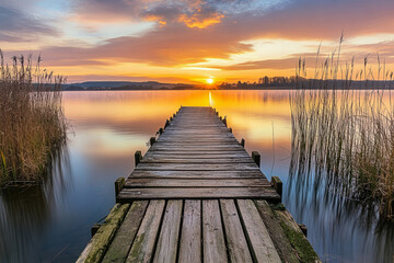 Naklejka premium Scenic wooden pier extending into a tranquil lake at sunset with golden reflections