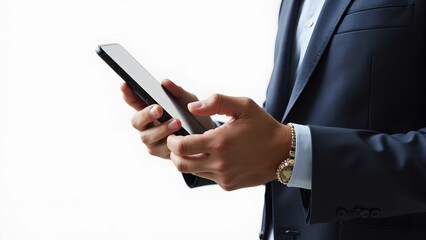 A businessperson in formal attire holding a smartphone in a professional workspace.