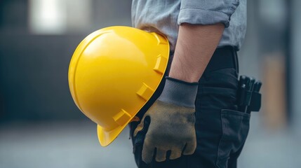 Construction Worker Holding a Yellow Hard Hat