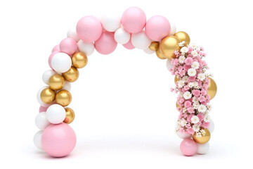 pink and white balloon arch decorated with flowers and candles