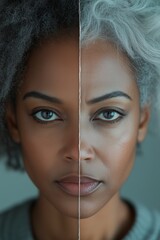 Close-up split portrait comparing youthful and aged skin, highlighting the contrast between young and old facial features.