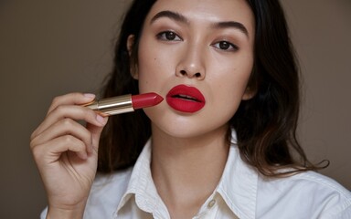 Obraz premium lipstick, Woman applying red lipstick
