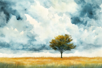 Obraz premium lonely tree on the field, water color