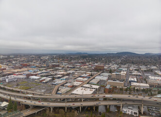 A city view from above with a cloudy sky