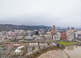 A city view with a large body of water in the background