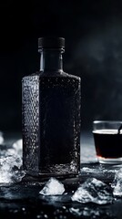 A frosted dark glass bottle surrounded by ice cubes, with a glass of dark liquid in a moody, atmospheric setting.