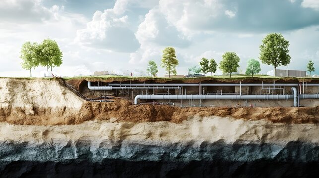 Cross-section of an underground water pipe network