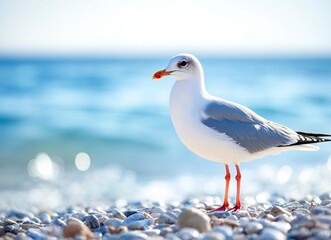 Fototapeta premium Photograph of a seagull on the beach, standing on pebbles near the sea water. This is a wildlife photography stock photo.