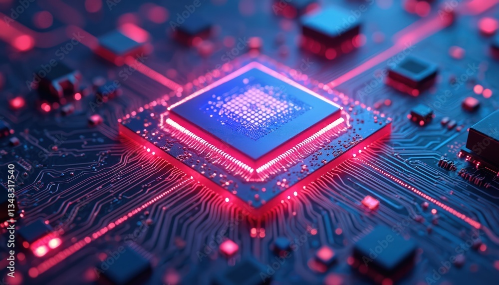 Poster glowing computer chip center circuit board. electronic digital hardware components, lines of code, f