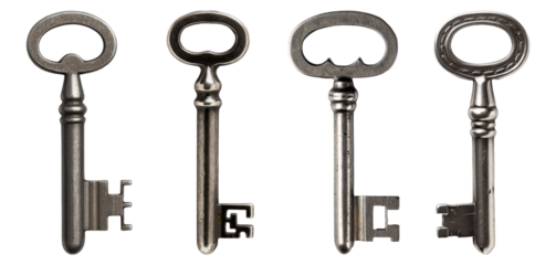 Old silver key isolated on transparent background PNG set