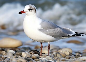 Fototapeta premium Photograph of a seagull on the beach, standing on pebbles near the sea water. This is a wildlife photography stock photo.