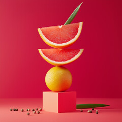 A close up of a red and yellow fruit pyramid