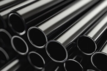 Stacked metal tubes. Close-up view of many shiny, round metal tubes